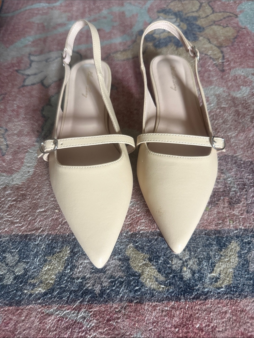 Pointed Slingback Flats with Mary Jane Strap in Cream